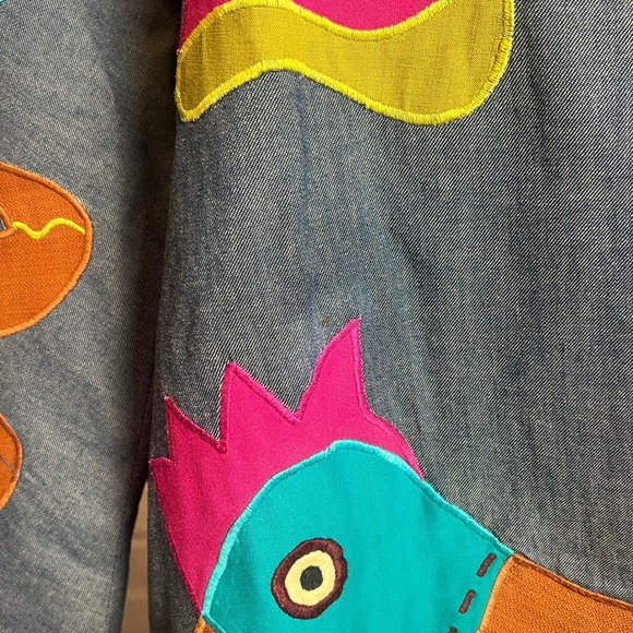 Girasol Vintage Denim Folk Art Jacket L Colorful Appliqué Animals Made in Mexico - Picture 6 of 9